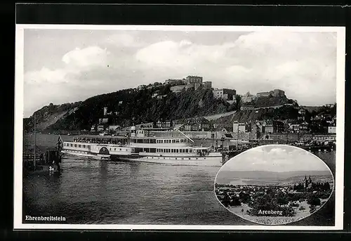 AK Ehrenbreitstein, Festung mit Dampfer, Arenberg