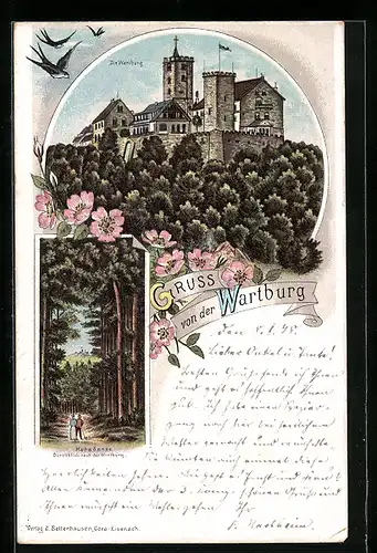 Lithographie Eisenach, Wartburg, Hohe Sonne