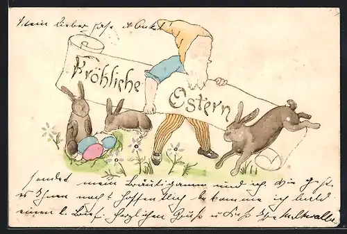 Präge-Lithographie Ostergruss, Zwerg und Osterhasen