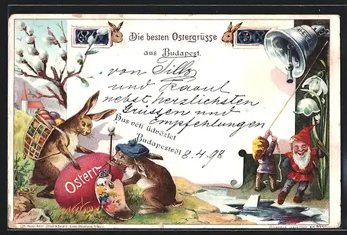 Lithographie Zwerg läutet die Osterglocke, Osterhase bemalt Ei