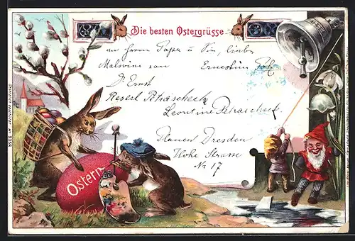 Lithographie Osterhasen mit Ostereiern, Zwerg läutet die Osterglocke