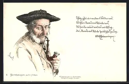 Lithographie Bernhausen, Mann in schwäbischer Tracht mit Pfeiffe