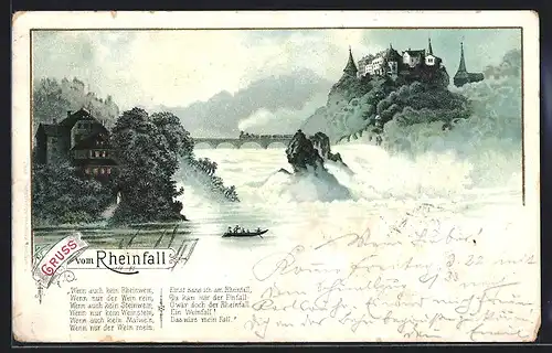 Lithographie Schaffhausen, Blick zum Rheinfall, Wasserfall