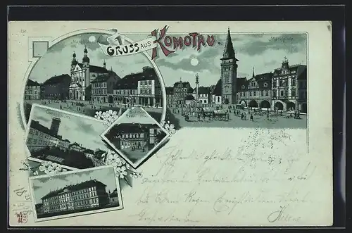 Lithographie Komotau / Chomutov, Brauhaus Restaurant Frohngasse, Landwehrkaserne