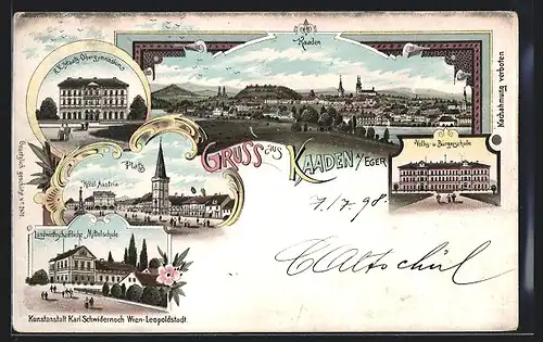 Lithographie Kaaden / Eger, Volks- und Bürgerschule, Hotel Austria, Landwirtschaftliche Mittelschule