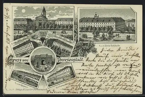 Lithographie Theresienstadt, Artillerie-Zeughaus, Genie-Gebäude, Kl. Infanterie-Kaserne