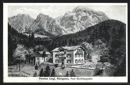 Künstler-AK Königssee, Hotel-Pension Liegl mit Gebirgspanorama