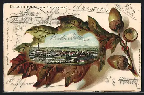 Passepartout-Lithographie Deggendorf, Teilansicht von Hallerkeller im Eichenblatt