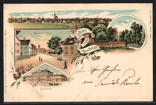 Lithographie Buchloe, Ortsansicht mit Marktstrasse, Gasthaus Kellergarten und Bahnhof