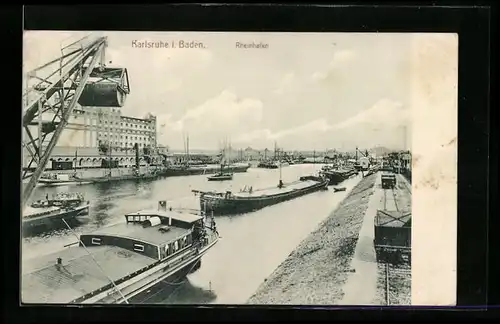 AK Karlsruhe /Baden, Rheinhafen mit Bagger und Loren