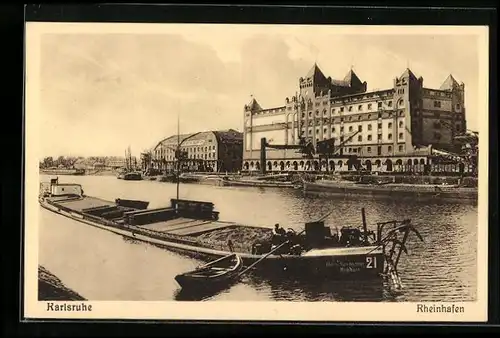 AK Karlsruhe i. B., Rheinhafen mit Frachter und Kahn