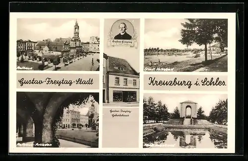 AK Kreuzburg, Rathaus, Rathaus-Arkaden und Heldendenkmal