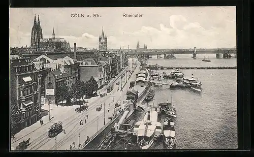 AK Köln, Ansicht am Rheinufer, Blick zum Dom