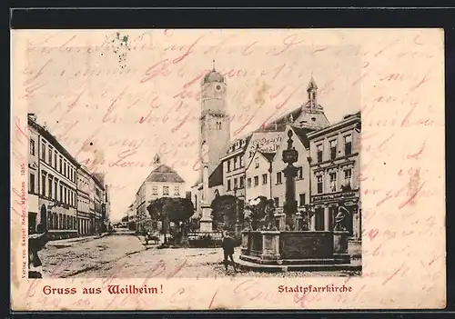 AK Weilheim, Brunnen vor der Stadtpfarrkirche