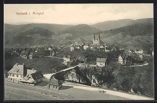 AK Forbach i. Murgtal, Teilansicht mit Kirche und Bahnhof