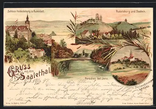 Lithographie Jena, Partie am Paradies, Leuchtenburg bei Kahla