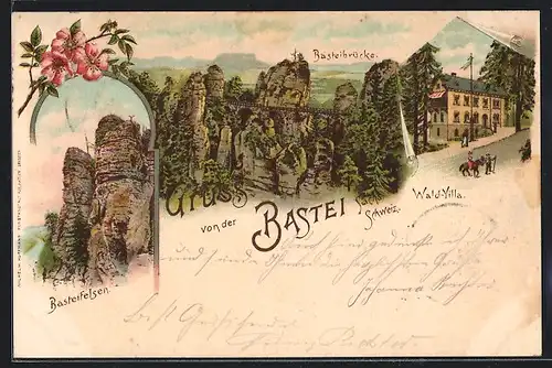 Lithographie Bastei, Gasthaus Wald-Villa, Basteibrücke