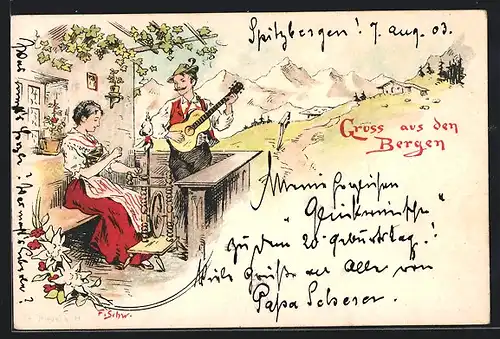 Lithographie Frau am Spinnrad, Mann mit Gitarre