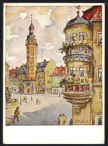 Künstler-AK Gera, Marktplatz mit Rathaus & Erker der Stadtapotheke