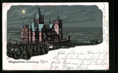 Lithographie Königswinter, Nachtblick auf die Drachenburg