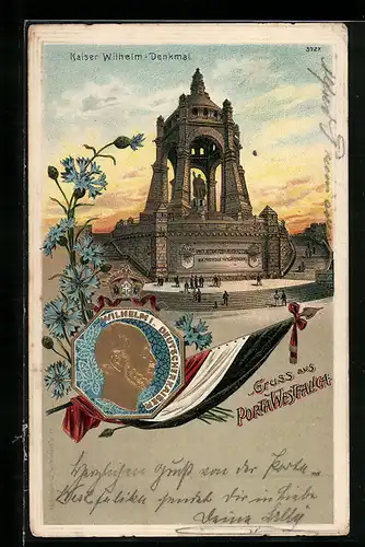 Lithographie Porta Westfalica, Kaiser Wilhelm Denkmal