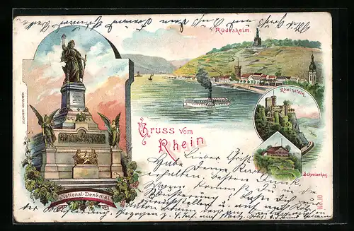 Lithographie Rüdesheim am Rhein, Rheinstein, Schweizer Haus, National-Denkmal, Dampfer auf dem Rhein