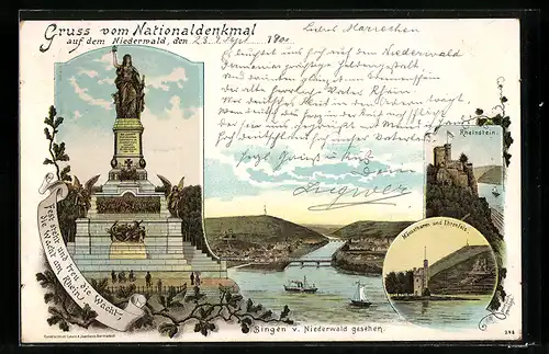 Lithographie Nationaldenkmal auf dem Niederwald, Bingen mit Mäuselthurm und Rheinstein