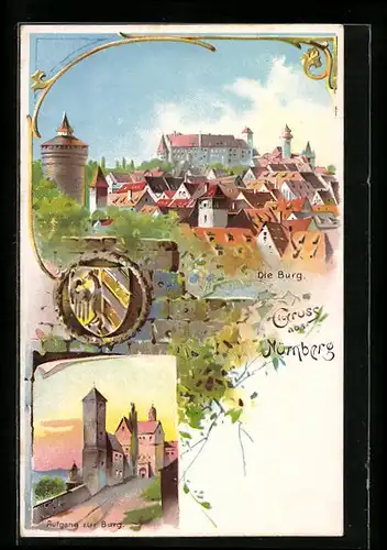 Lithographie Nürnberg, Ortsansicht mit Burg