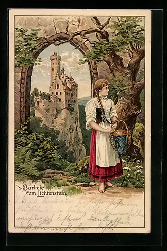 Lithographie Burg Lichtenstein, s` Bärbele, Magd mit Korbgeflecht