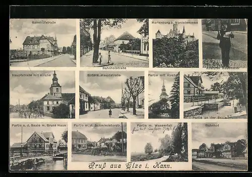 AK Elze i. Hann., Bahnhofstrasse, Hauptstrasse mit Kirche, Bahnhof