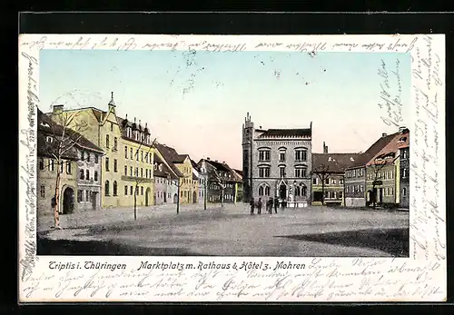 Goldfenster-AK Triptis i. Thür., Marktplatz mit Rathaus & Hotel 3 Mohren