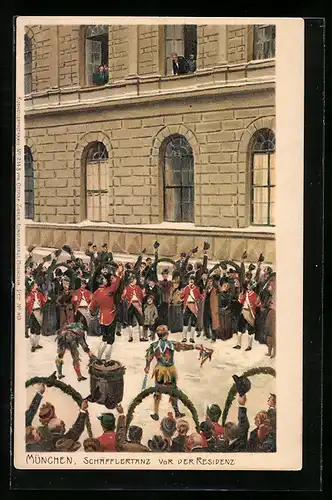 Künstler-Lithographie Paul Hey unsigni.: München, Schäfflertanz vor der Residenz