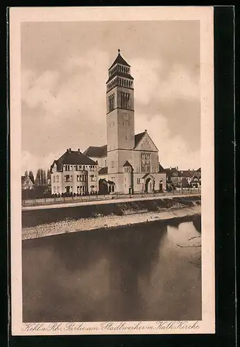 AK Kehl a. Rh., Partie am Stadtweiher mit Kath. Kirche