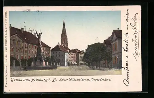 Goldfenster-AK Freiburg i. B., Kaiser-Wilhelmplatz mit Siegesdenkmal