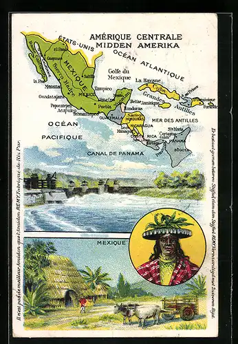 AK Mexico, Canal de Panama, Mexikaner, Haus und Ochsenwagen, Landkarte