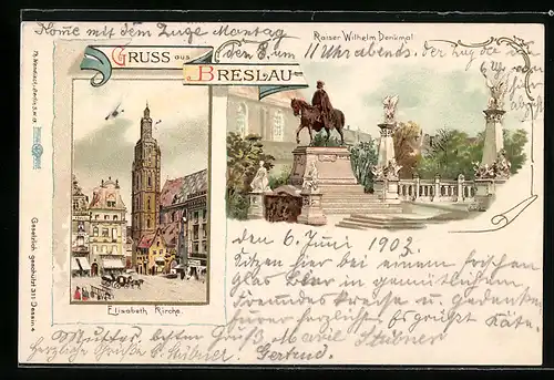 Lithographie Breslau, Elisabeth-Kirche, Kaiser Wilhelm-Denkmal