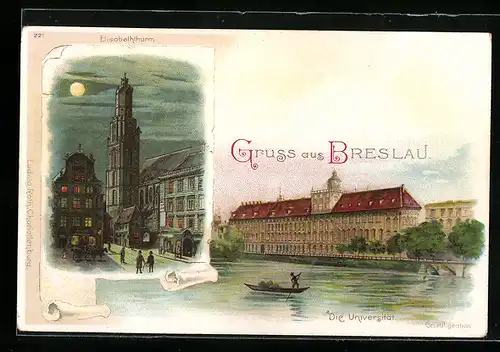 Lithographie Breslau, Universität vom Wasser aus, Elisabeththurm bei Vollmond