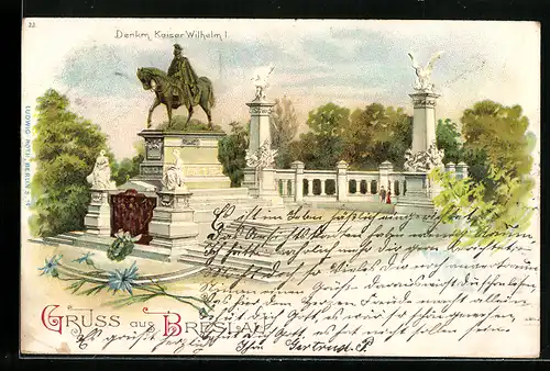 Lithographie Breslau, Denkmal Kaiser Wilhelm I.