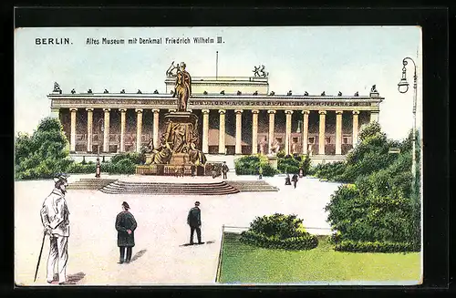 Lithographie Berlin, Altes Museum mit Denkmal Friedrich III.