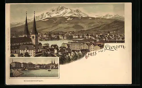 Lithographie Luzern, Schweizerhofquai, Stadtpanorama