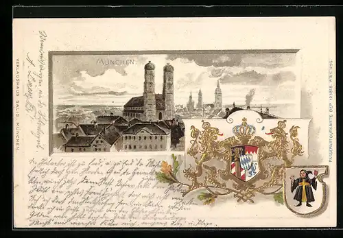 Lithographie München, Frauenkirche mit Wappen