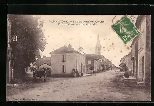 AK Miélan, Rue Nationale et Clocher, Vue prise Avenue de Mirande