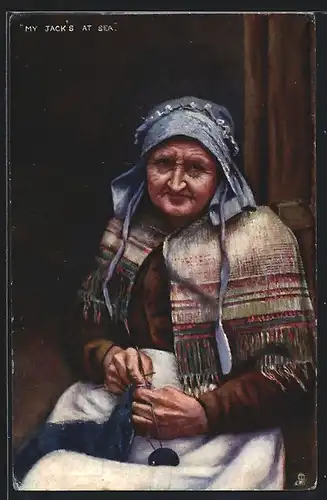 AK Alte Frau mit Haube und Strickzeug