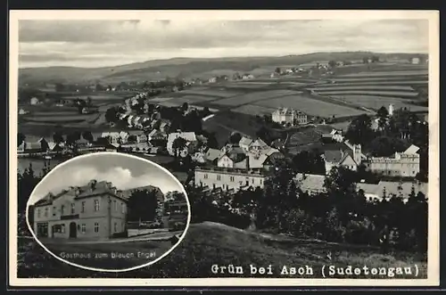 AK Grün, Totalansicht der Ortschaft mit Gasthaus zum blauen Engel