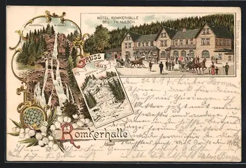 Lithographie Oker, Hotel Romkerhalle, Wasserfall im Sommer und Winter