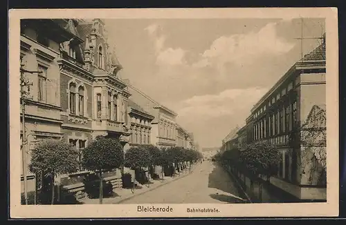 AK Bleicherode, Bahnhofstrasse mit Bäumen