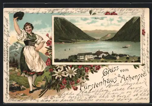 Lithographie Pertisau, Hotel Fürstenhaus a. Achensee, Dame im Dirndl hebt Hut