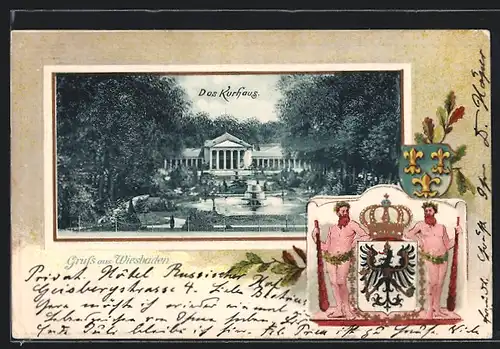 Passepartout-Lithographie Wiesbaden, Blick auf das Kurhaus, Wappen