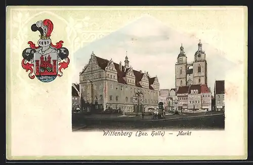 Passepartout-Lithographie Wittenberg (Bez. Halle), Blick auf den Markt, Wappen