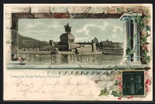 Passepartout-Lithographie Koblenz, Kaiser Wilhelm Denkmal mit Wappen